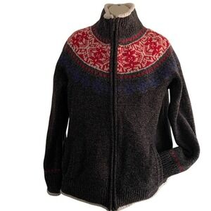 L.L. Bean 100% Lambswool Fair Isle Sweater Jacket Sherpa Lined Zip Women's L